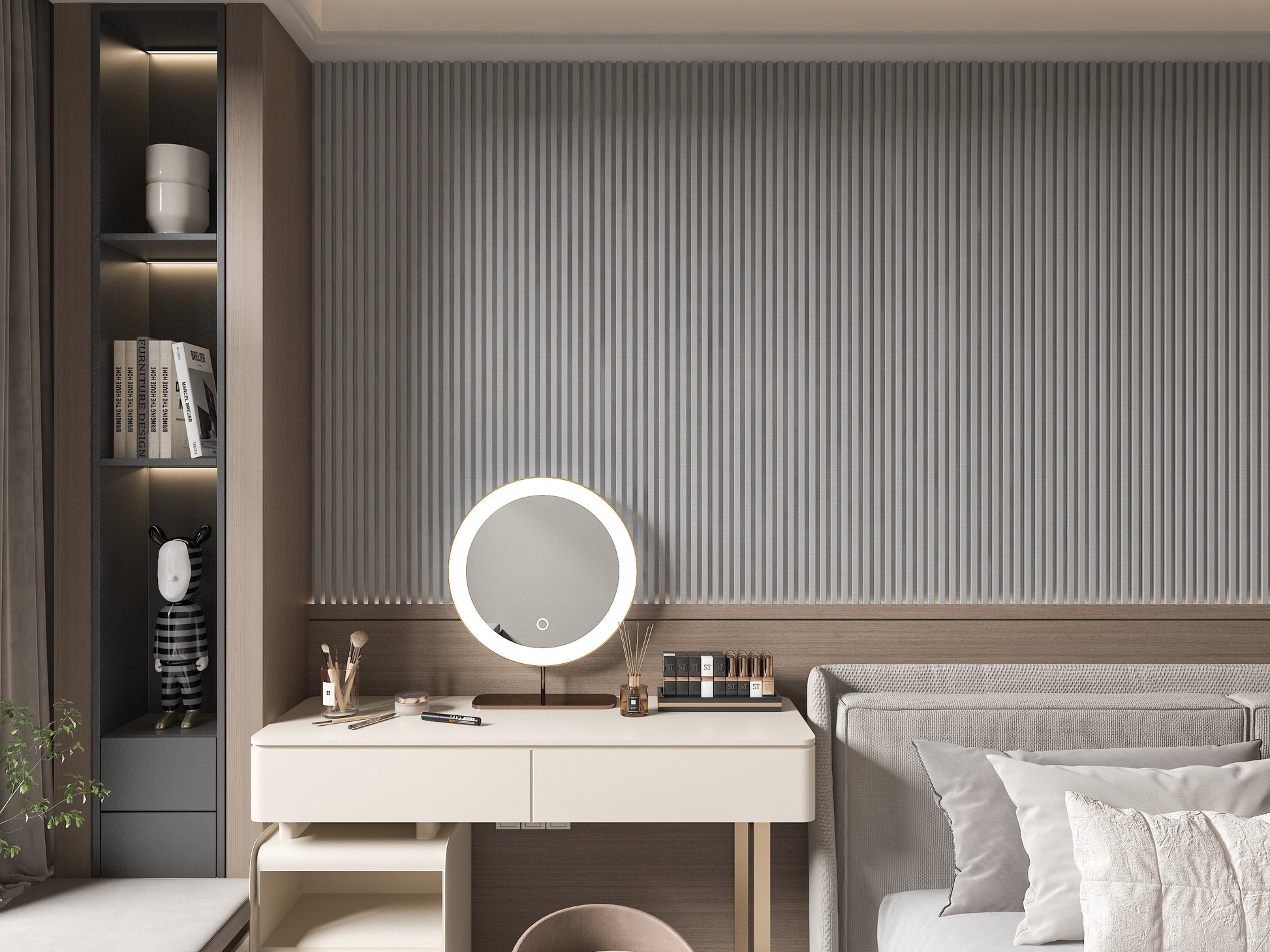 White linen WPC Fluted 3D Wall Panels. Wall Decor Center. Bedroom Wall Design