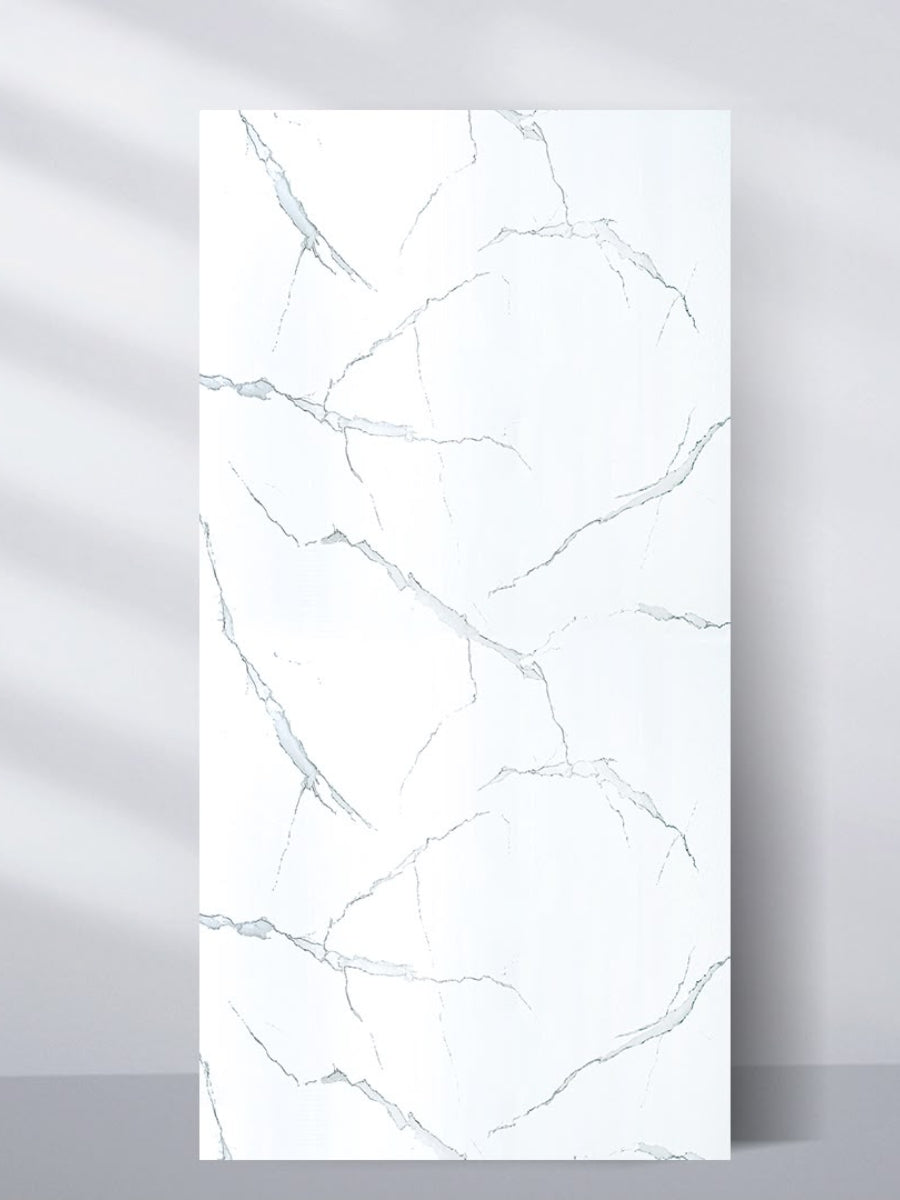 White Gray Pearl Marble PVC wall panel with fine gray veining, shown upright in a full 4 x 8 ft sheet