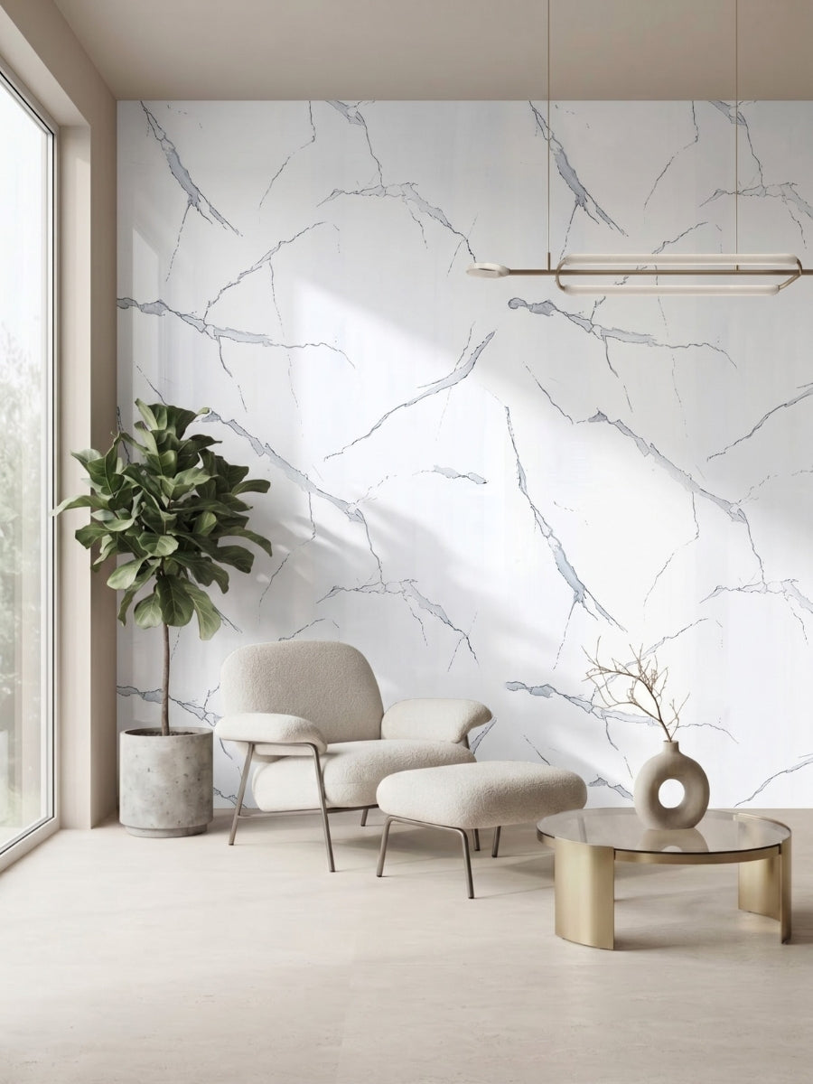 Minimalist sitting area featuring a White Gray Pearl Marble PVC accent wall with gray veining