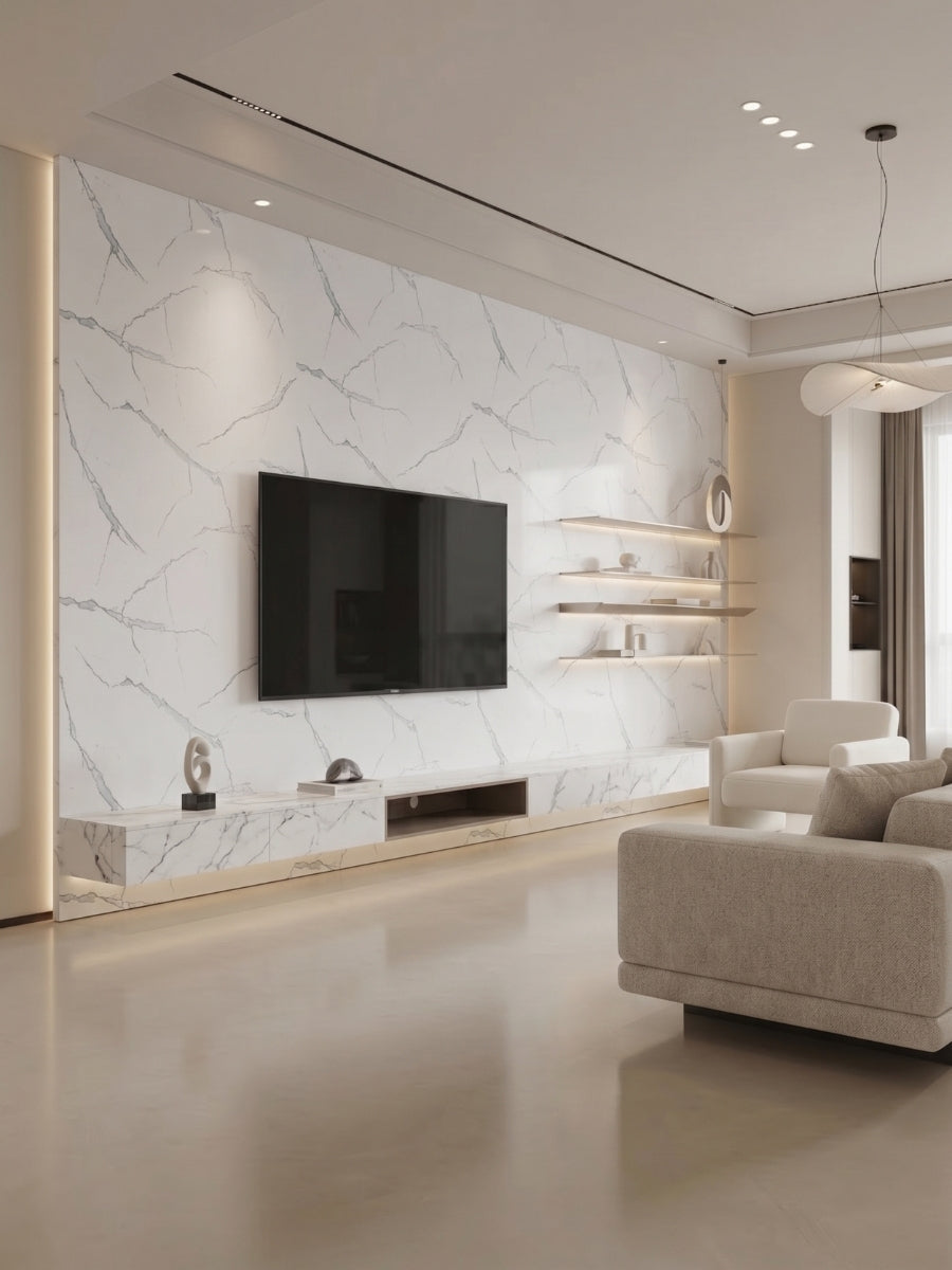 White Gray Pearl Marble PVC panels installed as a modern living room media wall with mounted TV and shelves