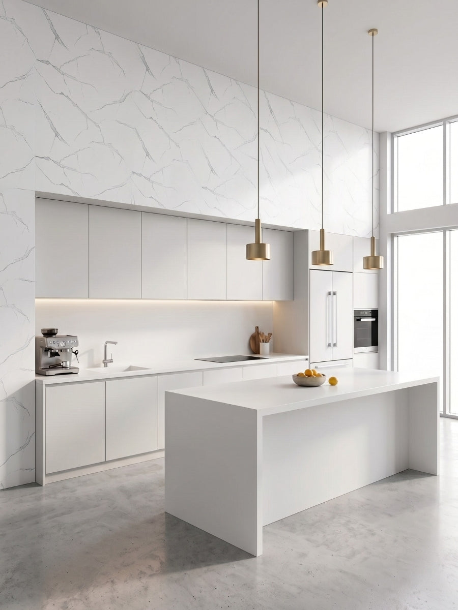 Bright modern kitchen with White Gray Pearl Marble PVC panels above white cabinetry and an island