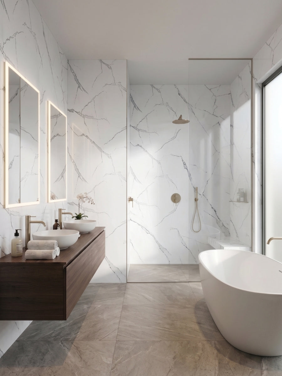 White Gray Pearl Marble PVC wall panels surrounding a walk-in shower in a contemporary bathroom with tub and vanity