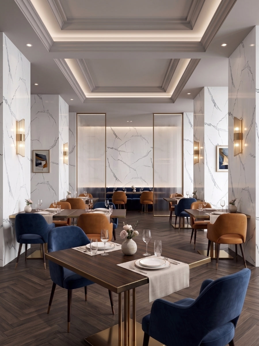 Restaurant interior with White Gray Pearl Marble PVC panels on columns and the central accent wall