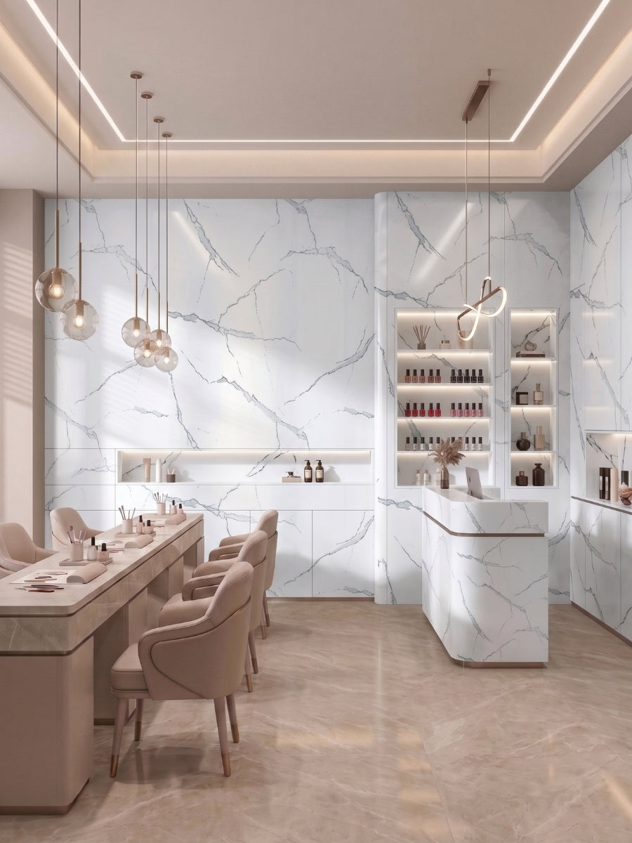 White Gray Pearl Marble PVC wall panels installed throughout a softly lit dining and bar area