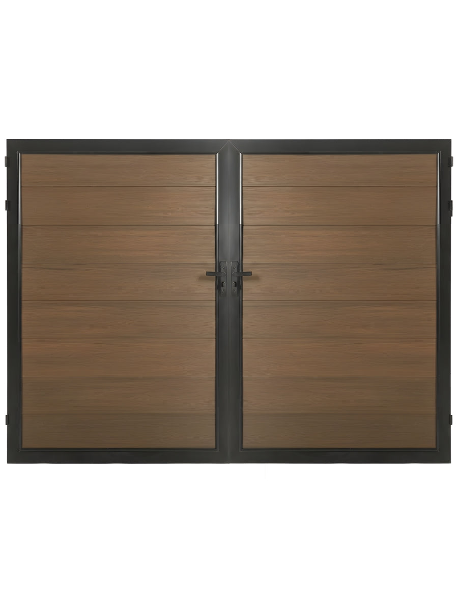 Walnut composite panel fence gate 10 ft wide 6 ft high modern outdoor privacy gate