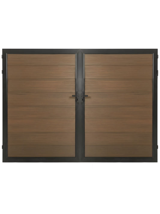 Walnut composite panel fence gate 10 ft wide 6 ft high modern outdoor privacy gate