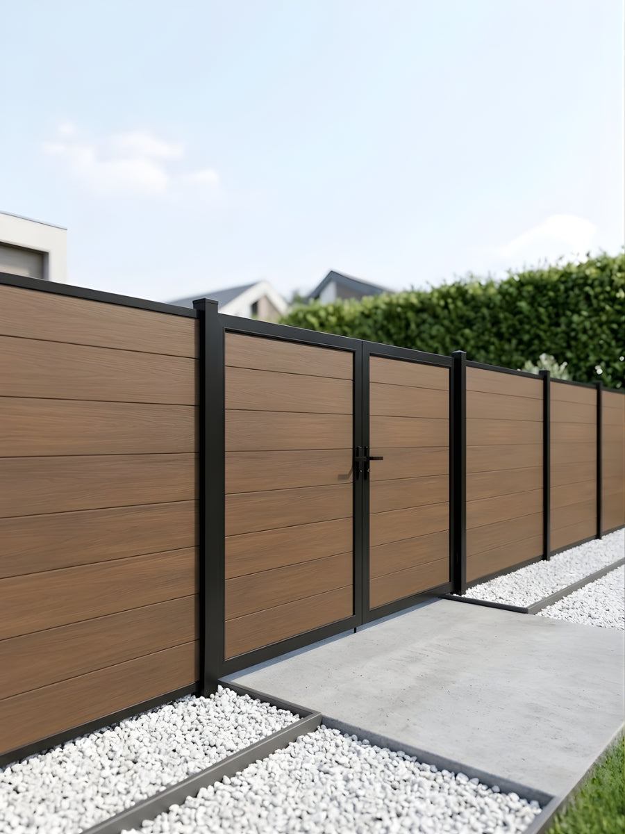 10 ft wide composite fence gate 6 ft high walnut color modern privacy fencing solution