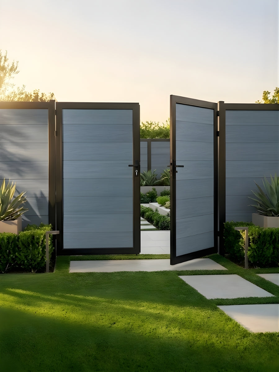 Modern light gray composite panel gate 10 ft wide 6 ft height garden entrance